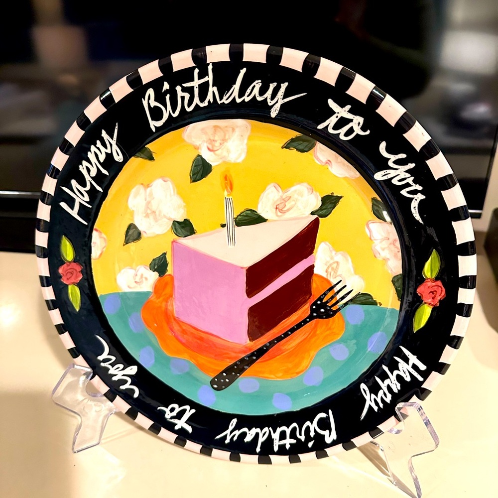 NEW DROLL DESIGNS Festive Cake Dessert Platter Plate 11-1/2" Happy Birthday USA